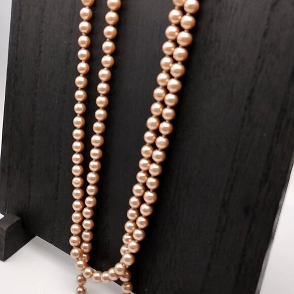 Vintage Long Champagne Faux Pearl Necklace Heavy Hand Knotted Single Strand Bead - Picture 12 of 16
